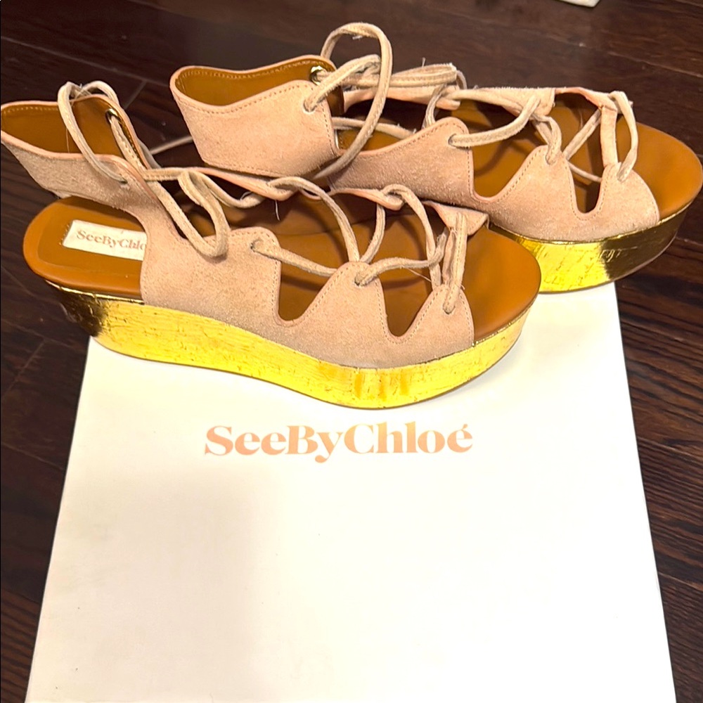 See By Chloe Pink Suede Lace-Up Platform Sandals